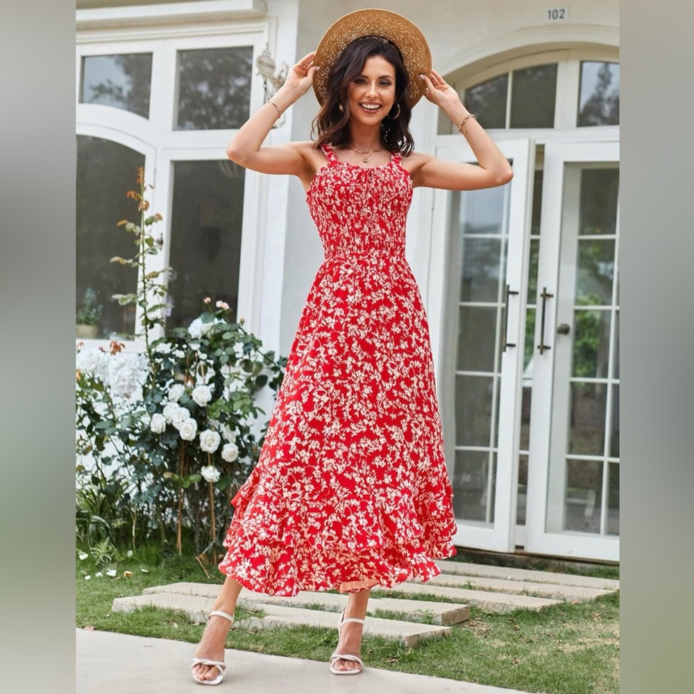 Red Floral Boho Maxi Dress Square Neck Strapped Swing A Line Sundress - Small
